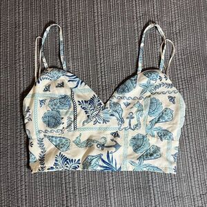 Midnight Sky Linen Blend Nautical Crop Top Blue Ocean Shell Seahorse Print M